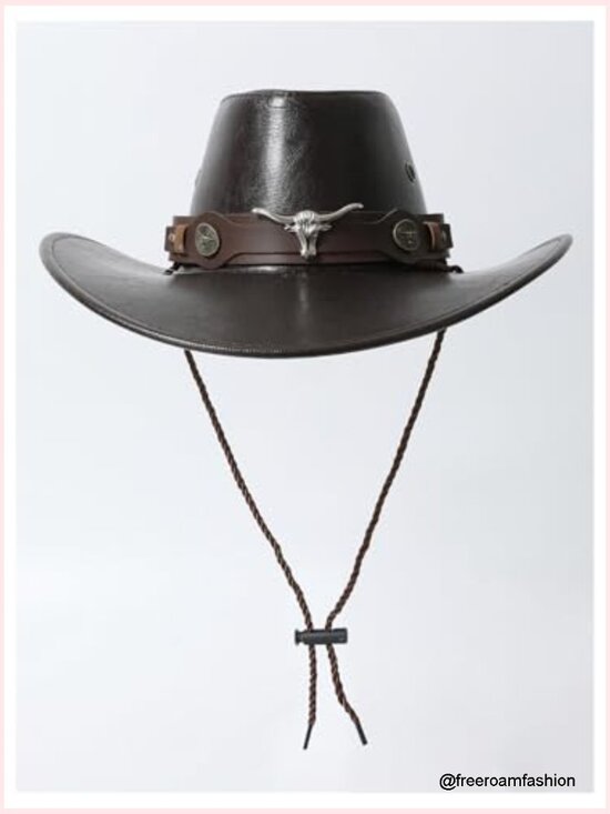 Faux Leather Cowboy Hat with Lanyard Wide Brim Western Cowgirl Hat